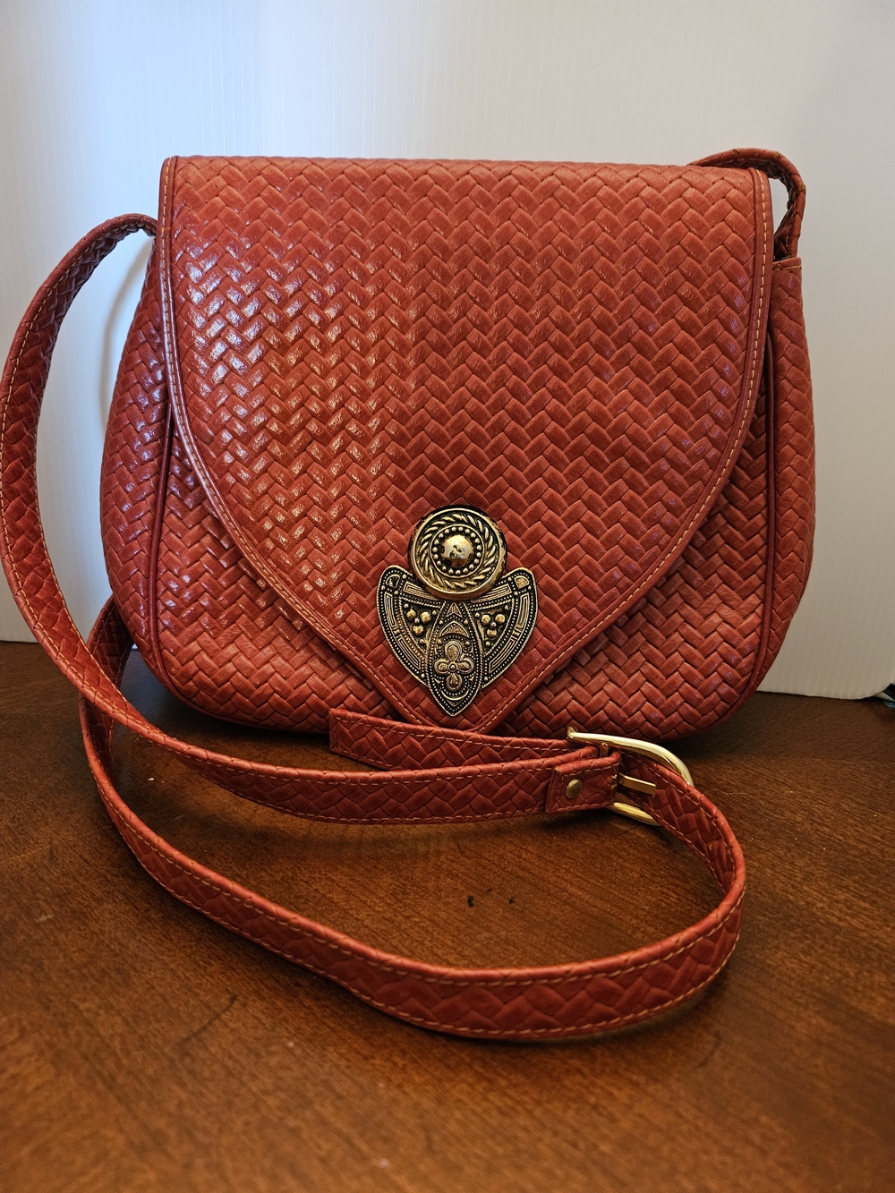 Vintage Susan Gail Woven Red Leather Bag with Decorative Metal Accent
